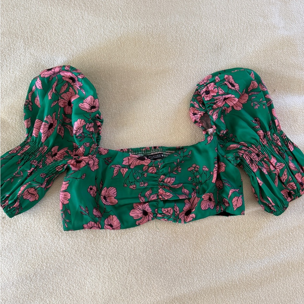 Zara Green and Pink Puff Sleeve Crop Blouse